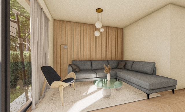 Třípodlažní řadový dům v Banevu – moderní výstavba, zahrada a dvě parkovací místa