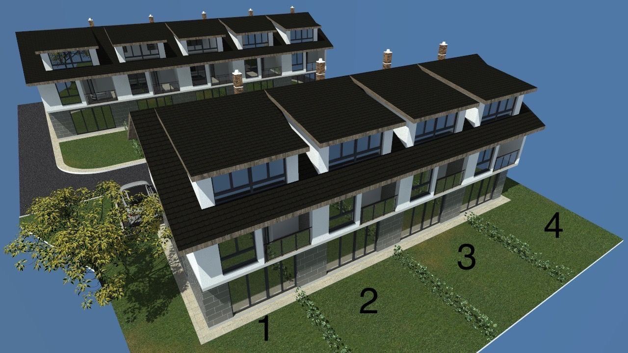 Třípodlažní řadový dům v Banevu – moderní výstavba, zahrada a dvě parkovací místa